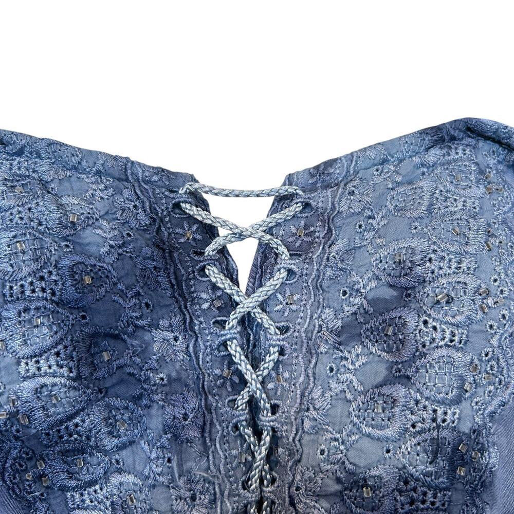 Vintage Boho Blue Lace Up Cropped Top Flared Sleeves One Size - Picture 7 of 13